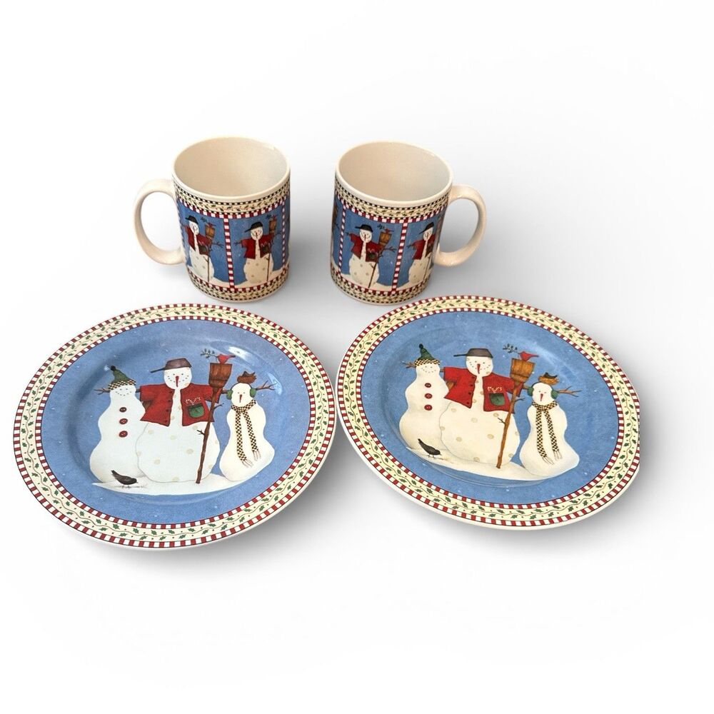 Vintage Debbie Mumm Sakura Snowmen Coffee Mug And Salad Plate Set
